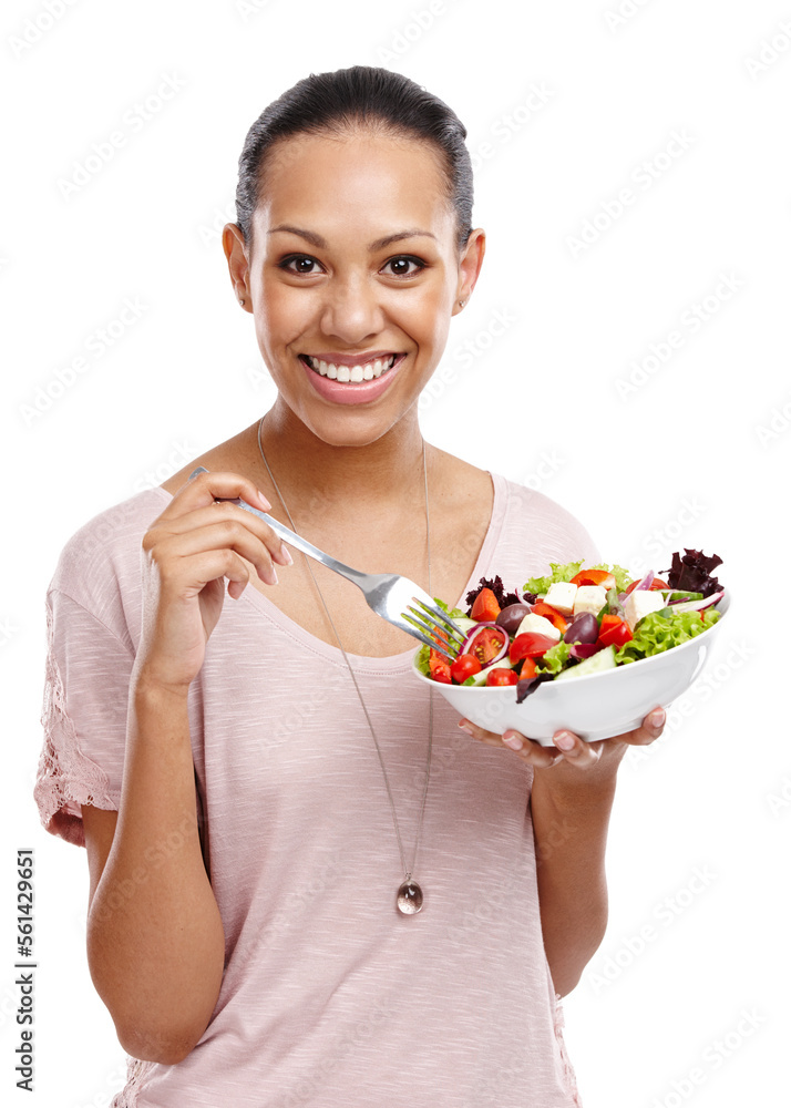 Woman, eating salad and healthy food with diet and nutrition, detox and wellness isolated on white b