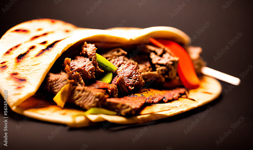 Shawarma. Doner kebab, fresh vegetables and meat. Kebab sandwich close up.