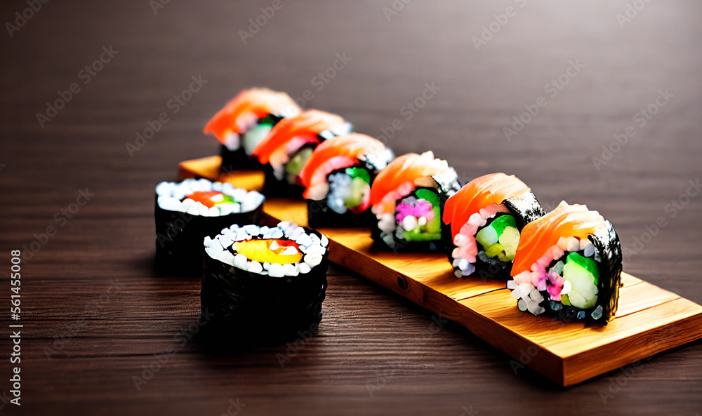 Traditional, fresh delicious sushi rolls food. Creative Sushi.