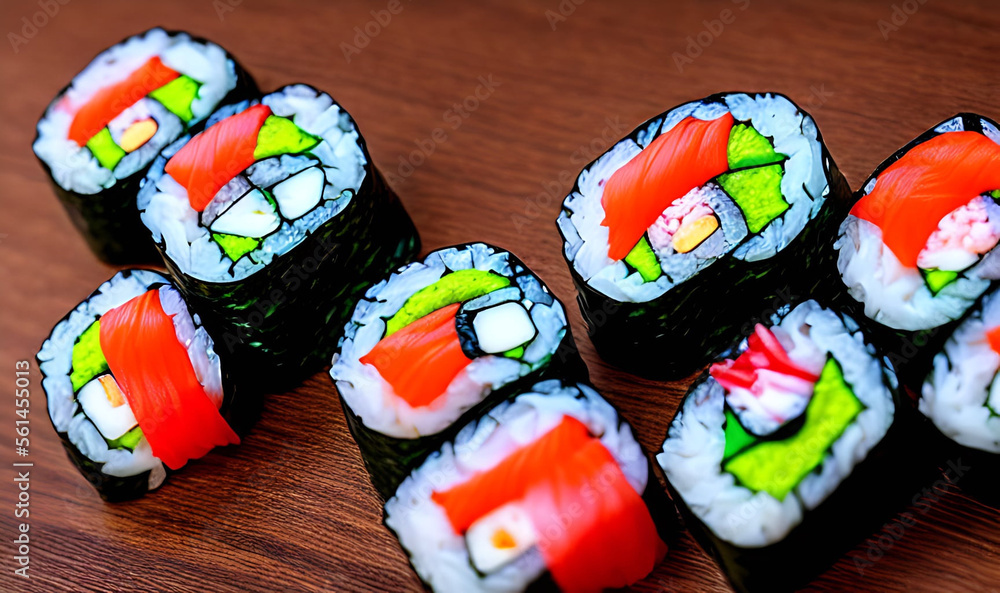 Traditional, fresh delicious sushi rolls food. Creative Sushi.