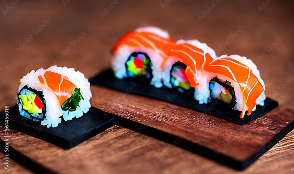 Traditional, fresh delicious sushi rolls food. Creative Sushi.