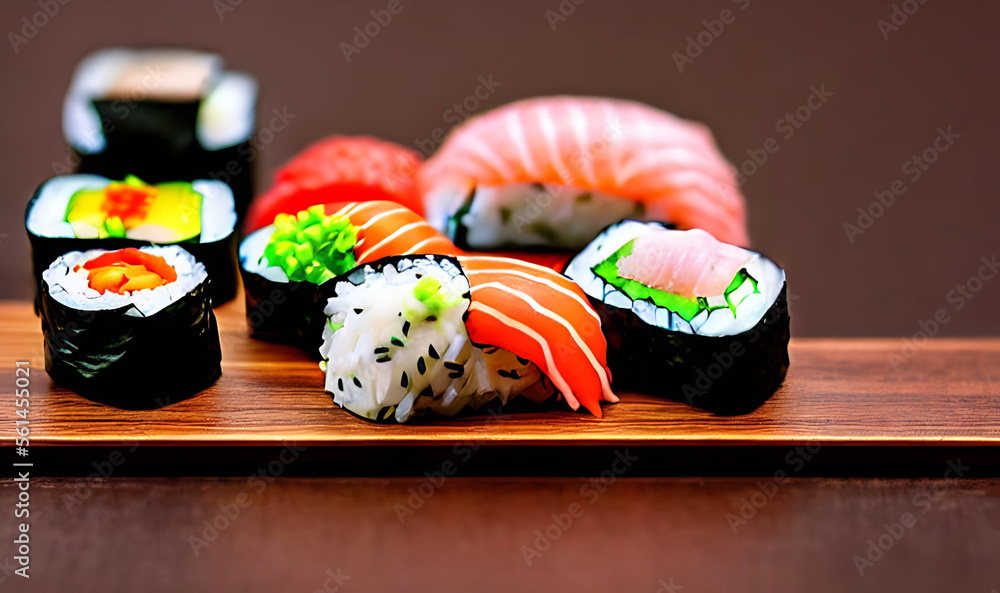 Traditional, fresh delicious sushi rolls food. Creative Sushi.