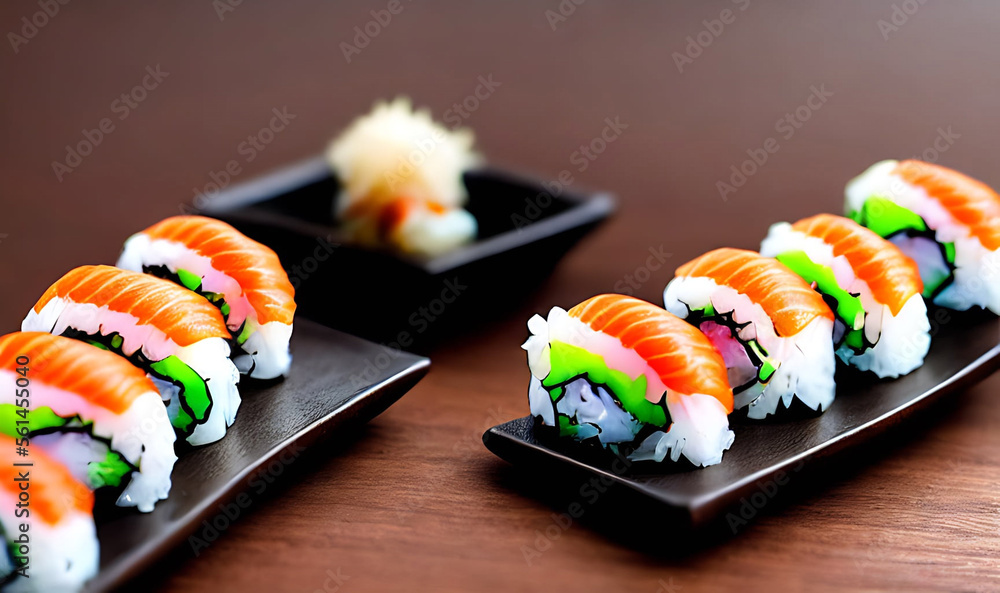 Traditional, fresh delicious sushi rolls food. Creative Sushi.