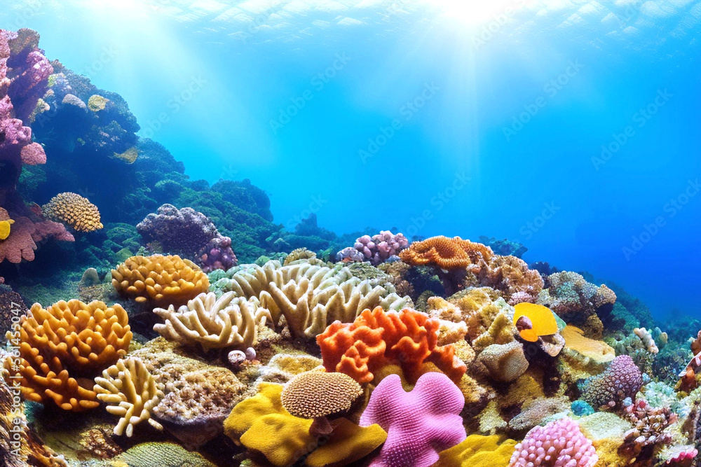 Underwater scene. Ocean coral reef underwater. Sea world under water background.