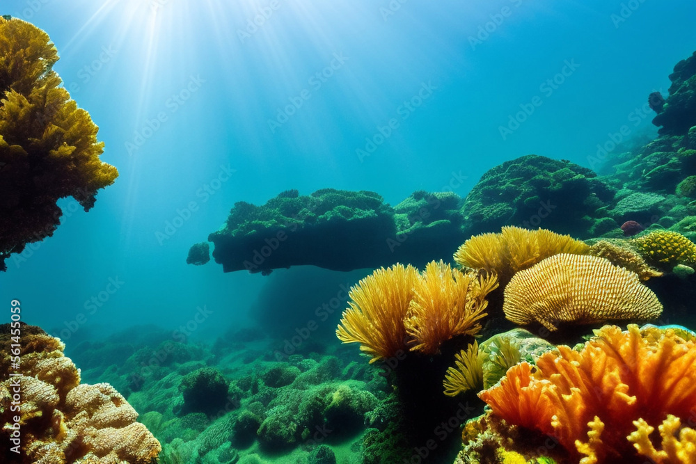 Underwater scene. Ocean coral reef underwater. Sea world under water background.