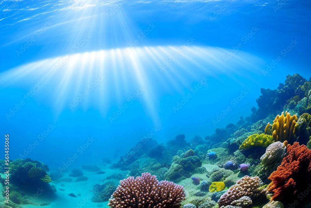 Underwater scene. Ocean coral reef underwater. Sea world under water background.