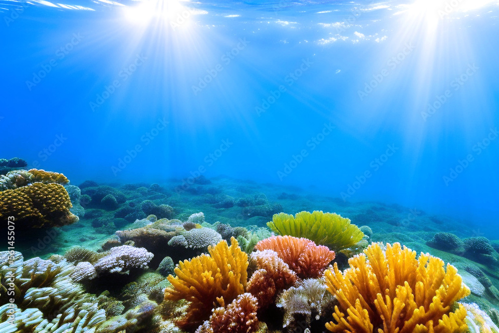 Underwater scene. Ocean coral reef underwater. Sea world under water background.