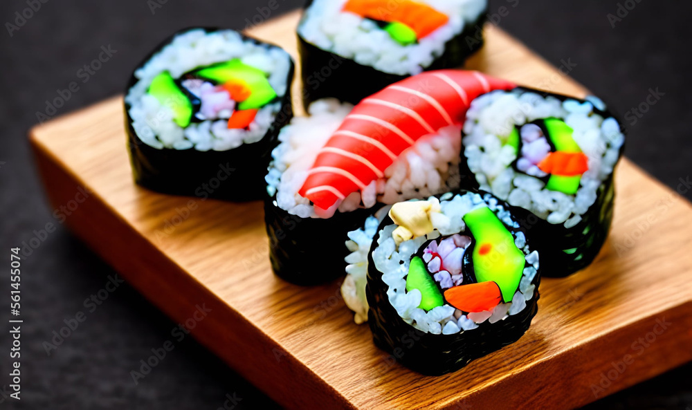 Traditional, fresh delicious sushi rolls food. Creative Sushi.