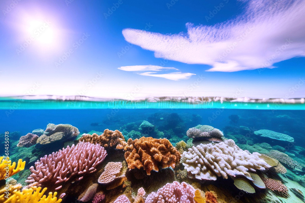 Underwater scene. Ocean coral reef underwater. Sea world under water background.