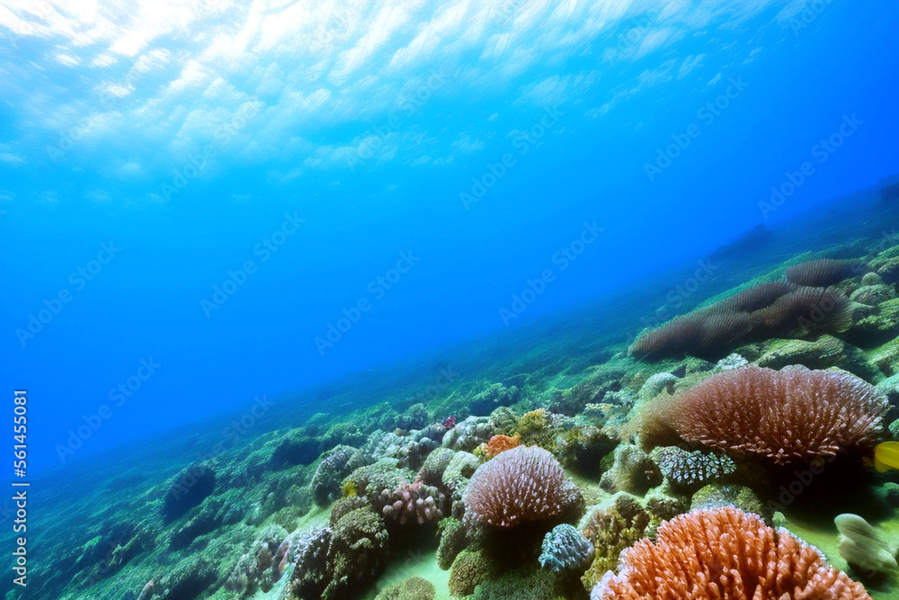 Underwater scene. Ocean coral reef underwater. Sea world under water background.