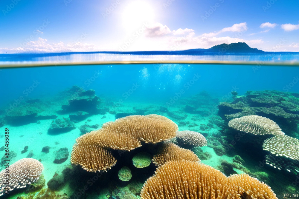 Underwater scene. Ocean coral reef underwater. Sea world under water background.