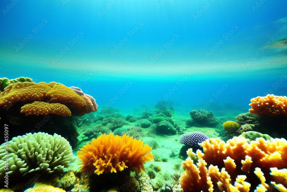 水下场景。水下的海洋珊瑚礁。水下背景下的海洋世界。