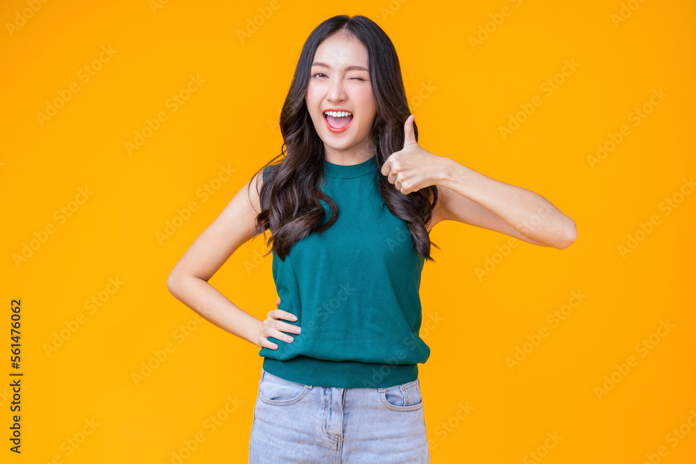 casual happiness asian female woman smiling cheerful in green tshirt blue jean relax peaceful positi