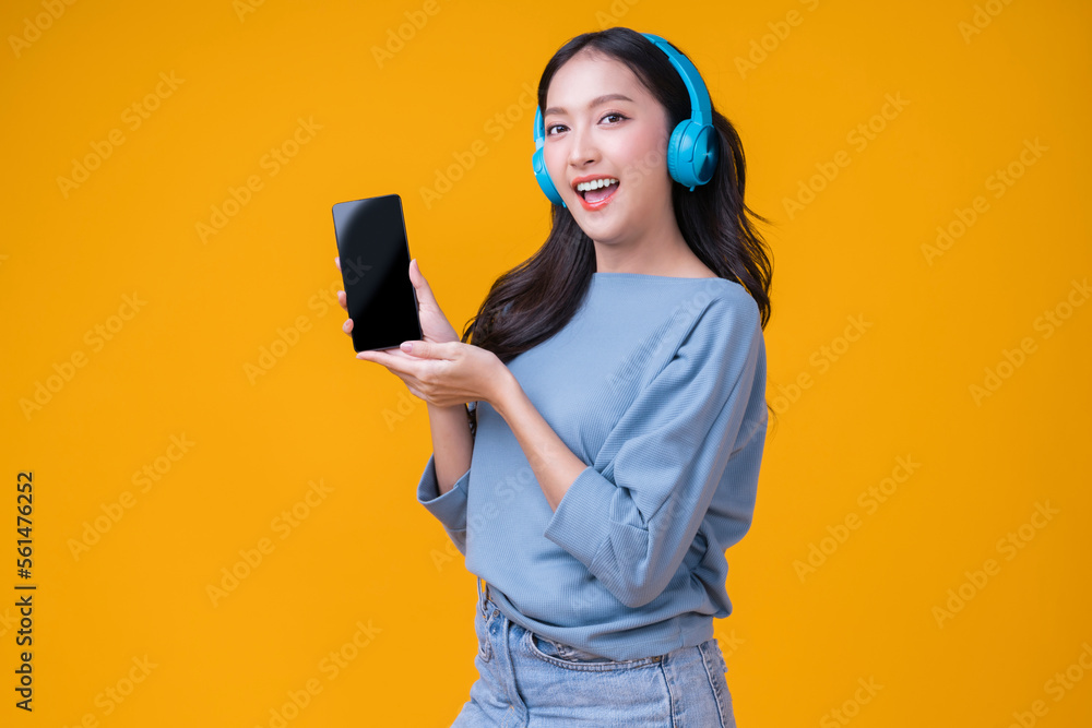 hand showing blank screen smartphone asian woman wear headset while hand present smartphone blank sc