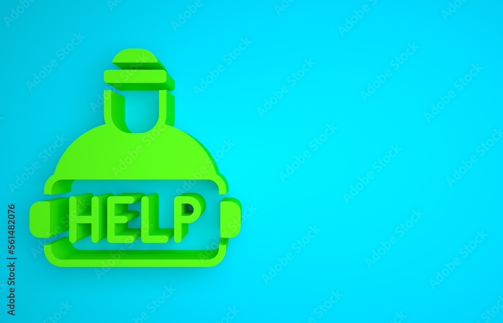 Green Man with cardboard on the city street is asking for help icon isolated on blue background. Poo