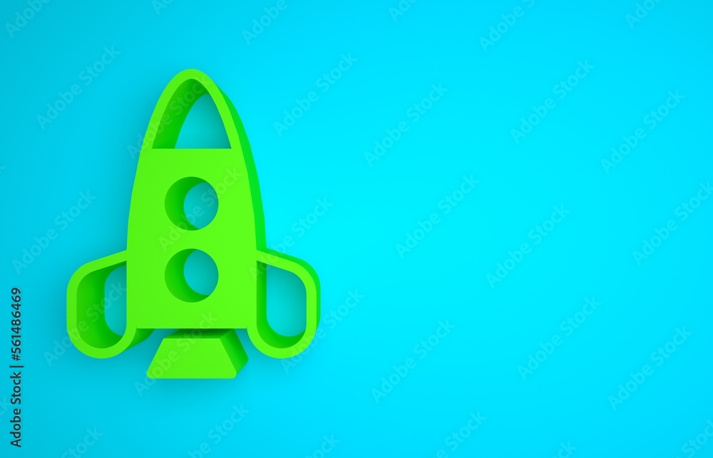 Green Rocket ship toy icon isolated on blue background. Space travel. Minimalism concept. 3D render 