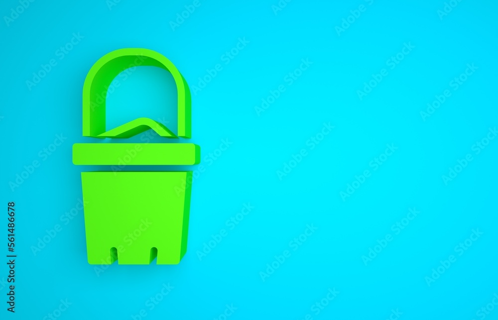 Green Sand in bucket icon isolated on blue background. Plastic kid toy. Summer icon. Minimalism conc