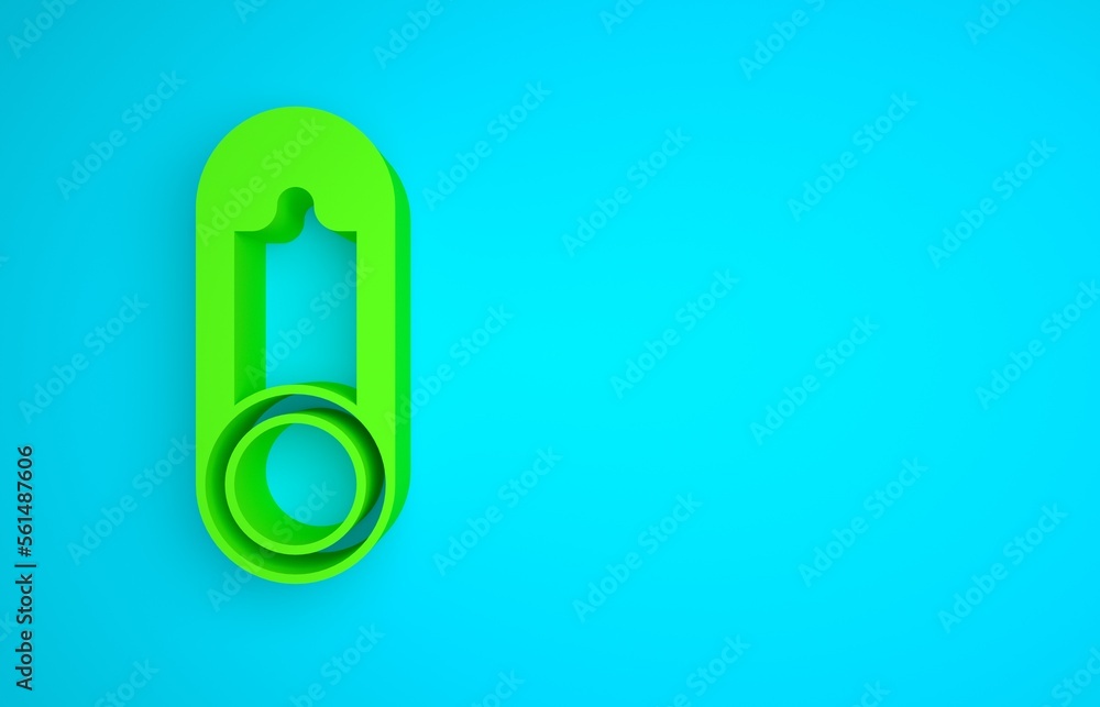 Green Baby clothes pin icon isolated on blue background. Classic closed steel safety pin. Minimalism