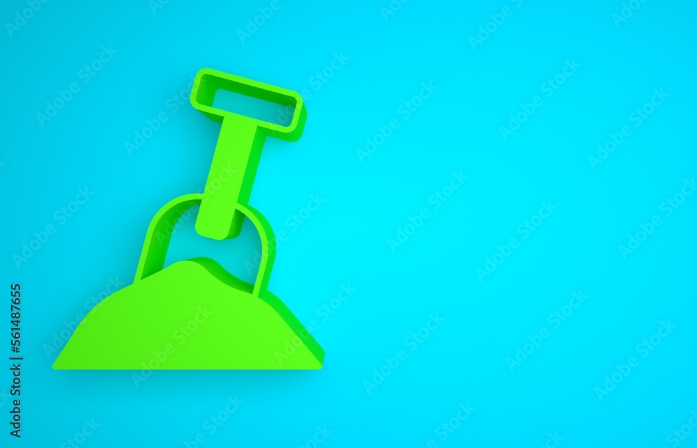 Green Sandbox with sand and shovel icon isolated on blue background. Minimalism concept. 3D render i