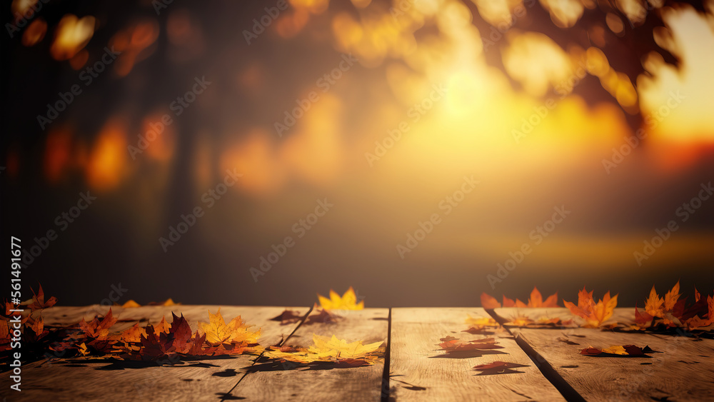 Autumn Table - Orange Leaves And Wooden Plank At Sunset In Defocused Forest, maple leaf (ai generate