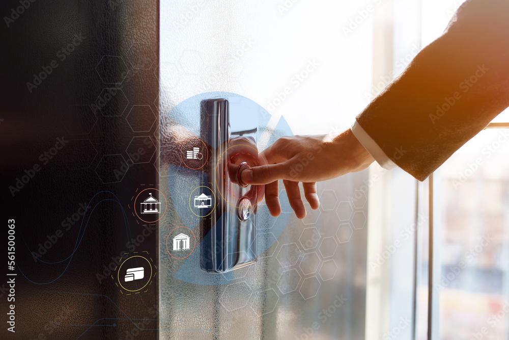 Man pressing elevator pitch button on virtual screen. Business, technology, internet and networking 