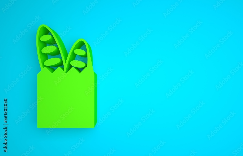 Green French baguette bread icon isolated on blue background. Minimalism concept. 3D render illustra