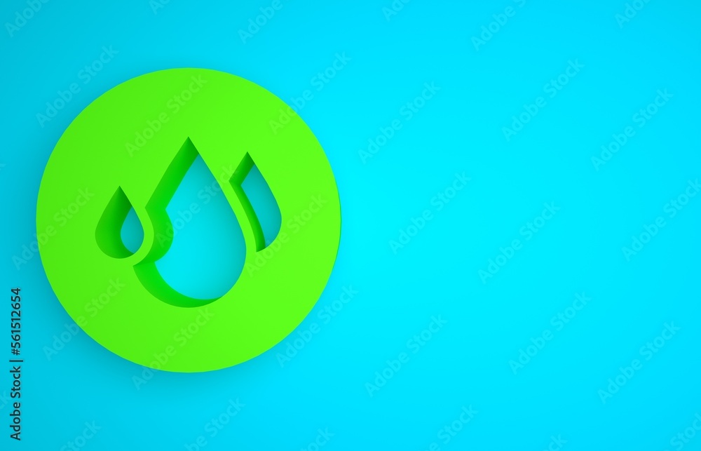 Green Water drop icon isolated on blue background. Minimalism concept. 3D render illustration