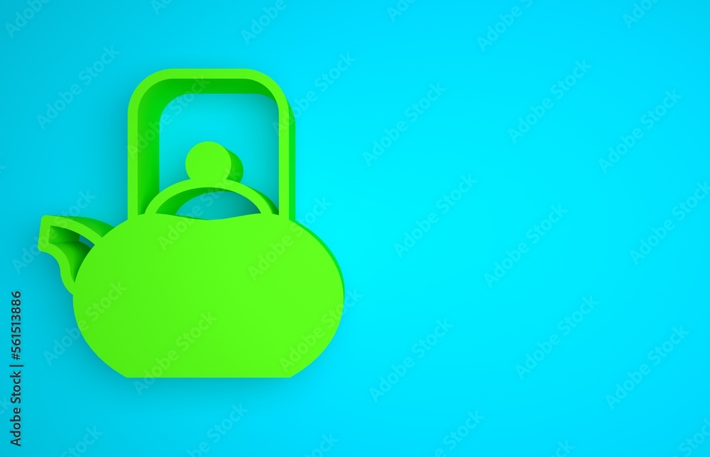 Green Kettle with handle icon isolated on blue background. Teapot icon. Minimalism concept. 3D rende