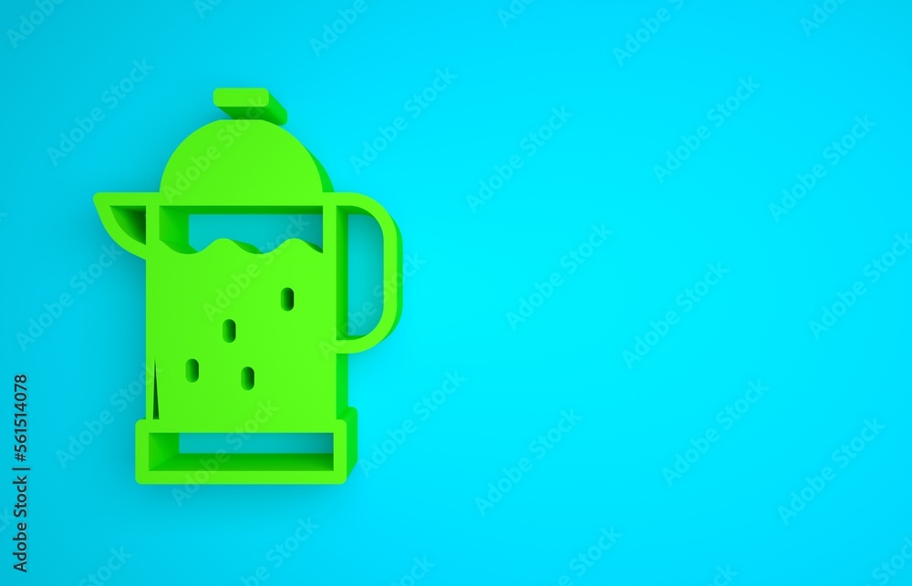 Green French press icon isolated on blue background. Minimalism concept. 3D render illustration