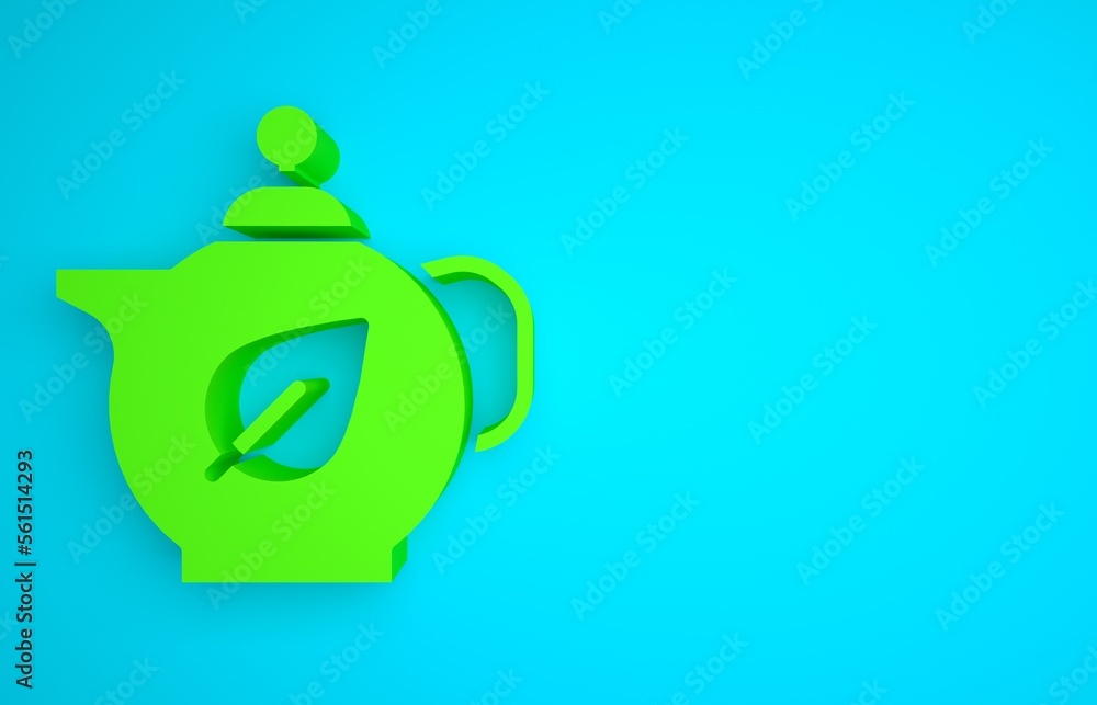 Green Teapot with leaf icon isolated on blue background. Minimalism concept. 3D render illustration