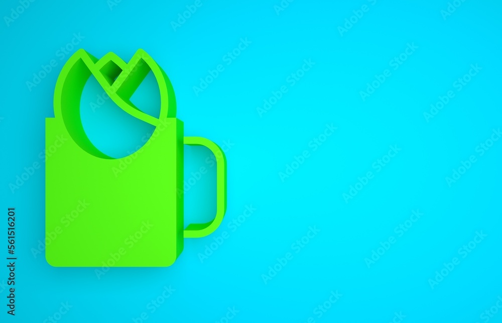 Green Cup of tea with rose icon isolated on blue background. Minimalism concept. 3D render illustrat