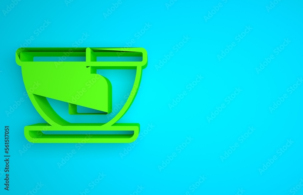 Green Cup with tea bag icon isolated on blue background. Minimalism concept. 3D render illustration