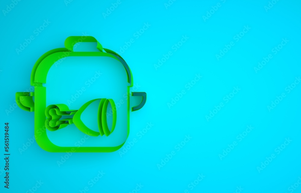 Green Cooking pot and chicken leg icon isolated on blue background. Chicken drumstick. Minimalism co