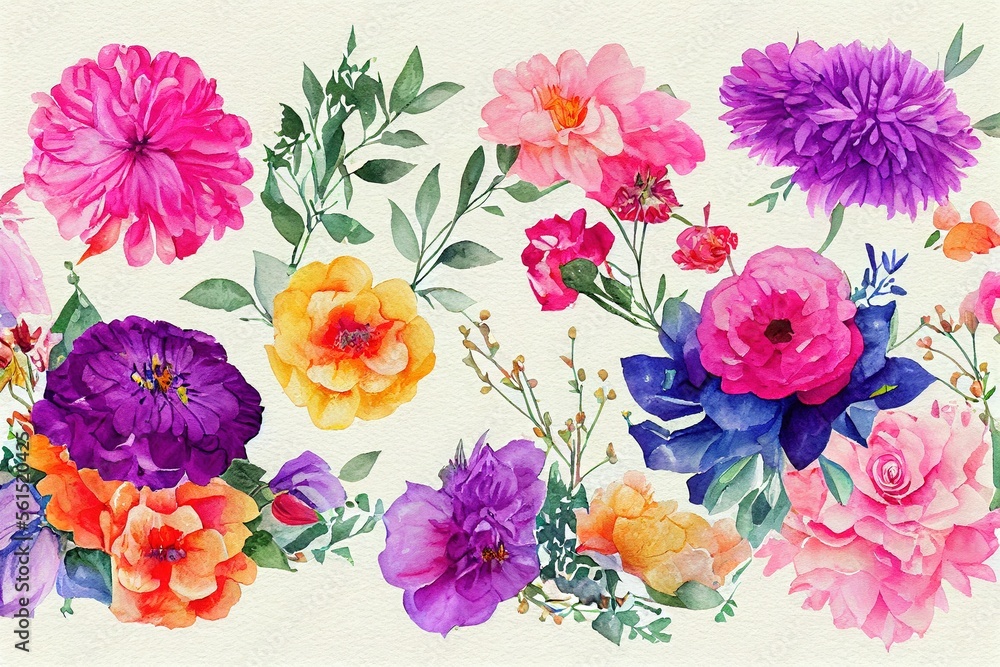 Flower bouquet set watercolor pieces of artwork design. Spring and summer flower nature in style of 