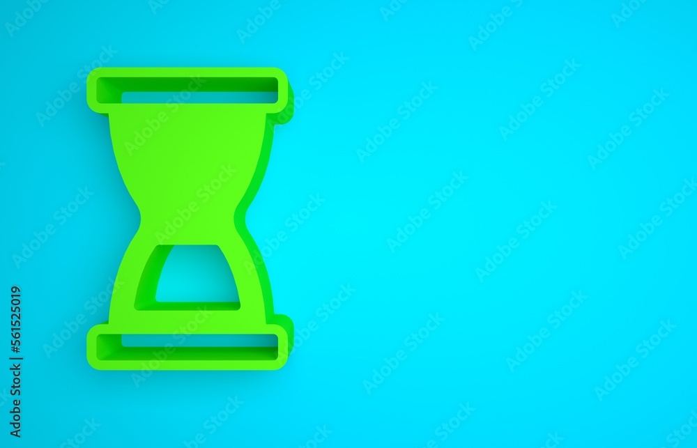 Green Old hourglass with flowing sand icon isolated on blue background. Sand clock sign. Business an