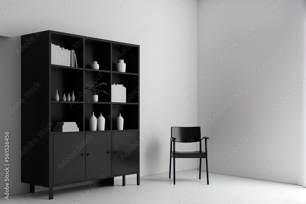 mockup of a white wall and a black, empty cabinet with shelves. either a kitchen table or a bookcase