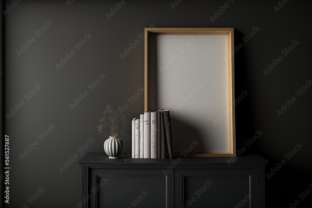 mock up of a poster frame atop a cabinet in a living room with a dark, empty background. Generative 