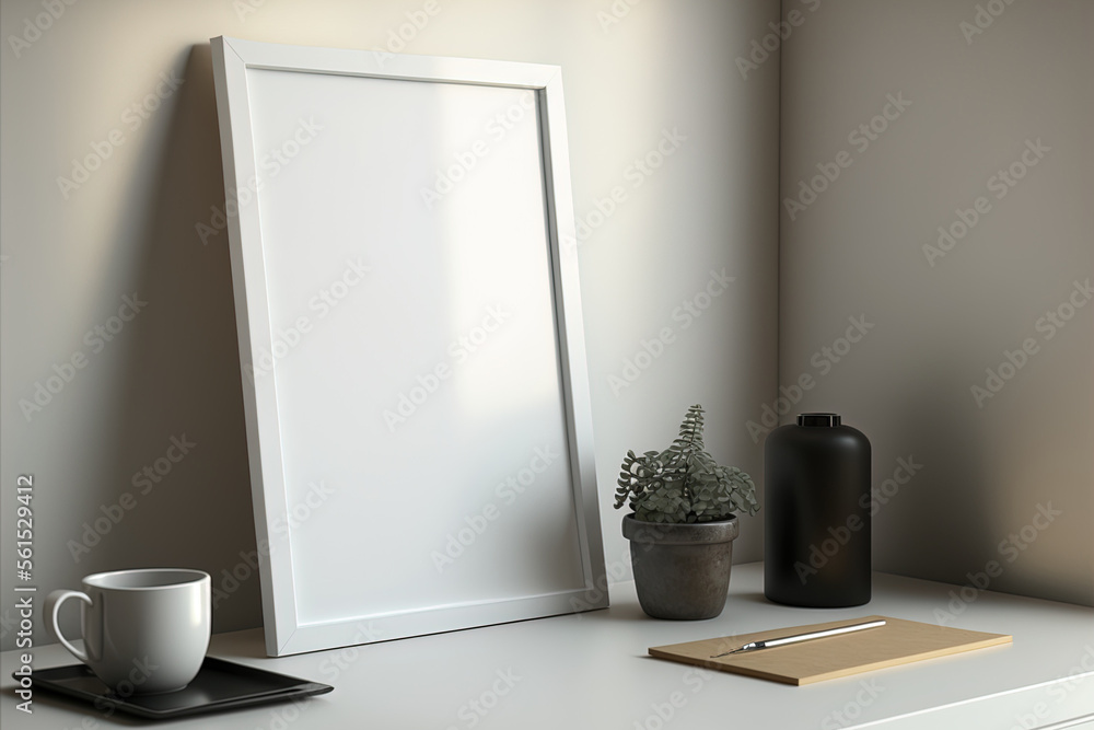 Blank photo frame on table in the room. Generative AI