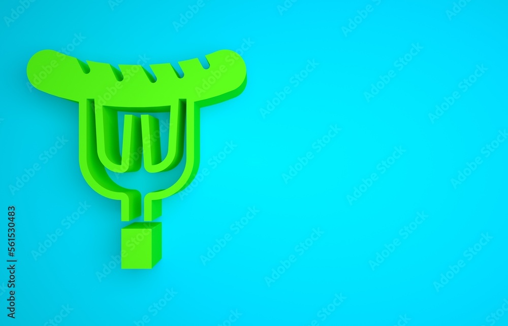 Green Sausage on the fork icon isolated on blue background. Grilled sausage and aroma sign. Minimali