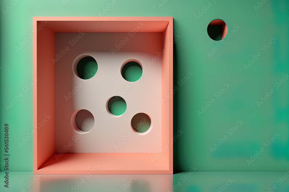 abstract green and coral mock up background with square holes in the wall; minimalist geometric conc