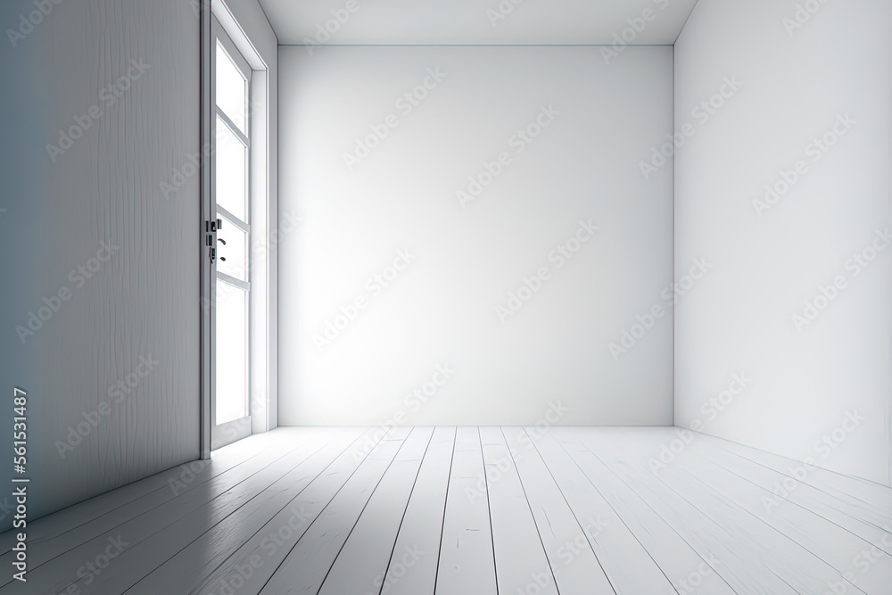 Mock up of white empty room and blue wood floor texture background. Perspective of minimal interior 