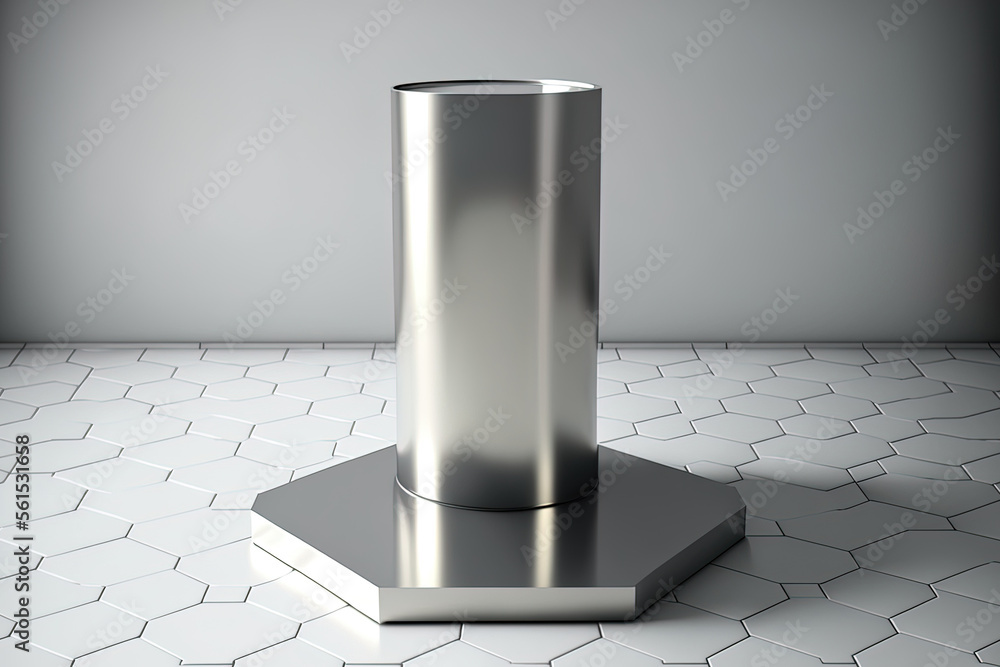 sturdy metal cylinder stand for mockups of product positioning. Background of a tile display setting