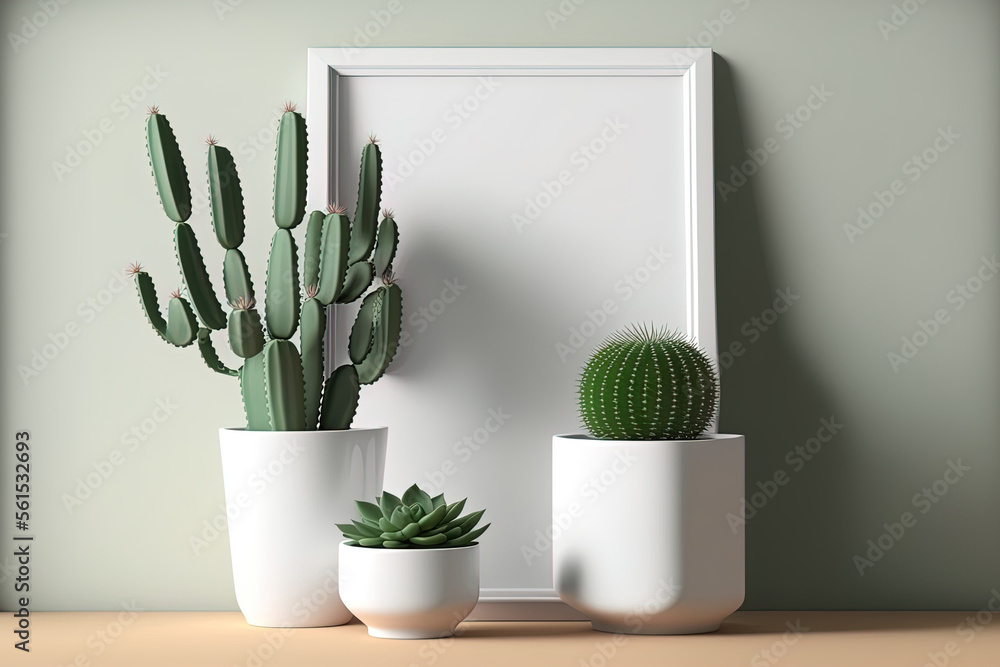 Minimal Mockup of a white frame with potted ceramic cactus plants on a desk or shelf. White wall and