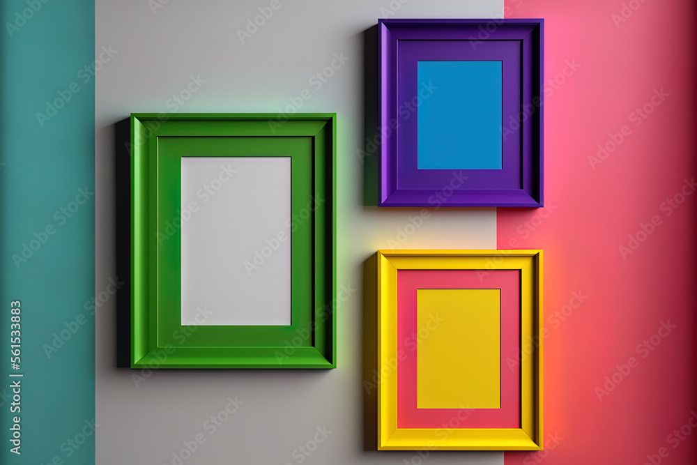 Mockups of colorful frames against a wall. Generative AI