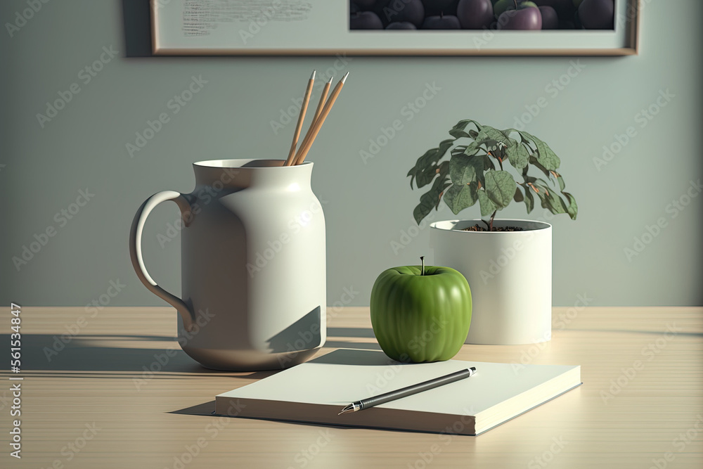 Mockup of a table with a green apple, a book, a cup of coffee, a vase of pencils, and a plant for de