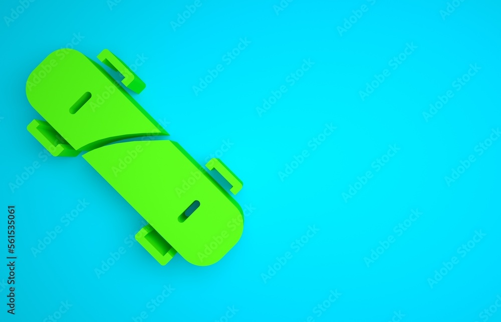 Green Skateboard icon isolated on blue background. Extreme sport. Sport equipment. Minimalism concep