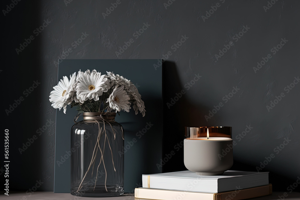 Vase with white flower, stack of book and two candles on the dark grey top of cabinet against bright