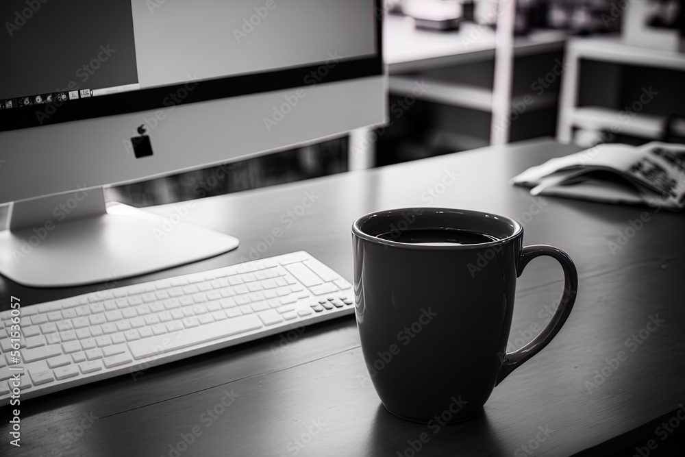 Coffee cup on table in coworking office with blank black computer monitor. Generative AI