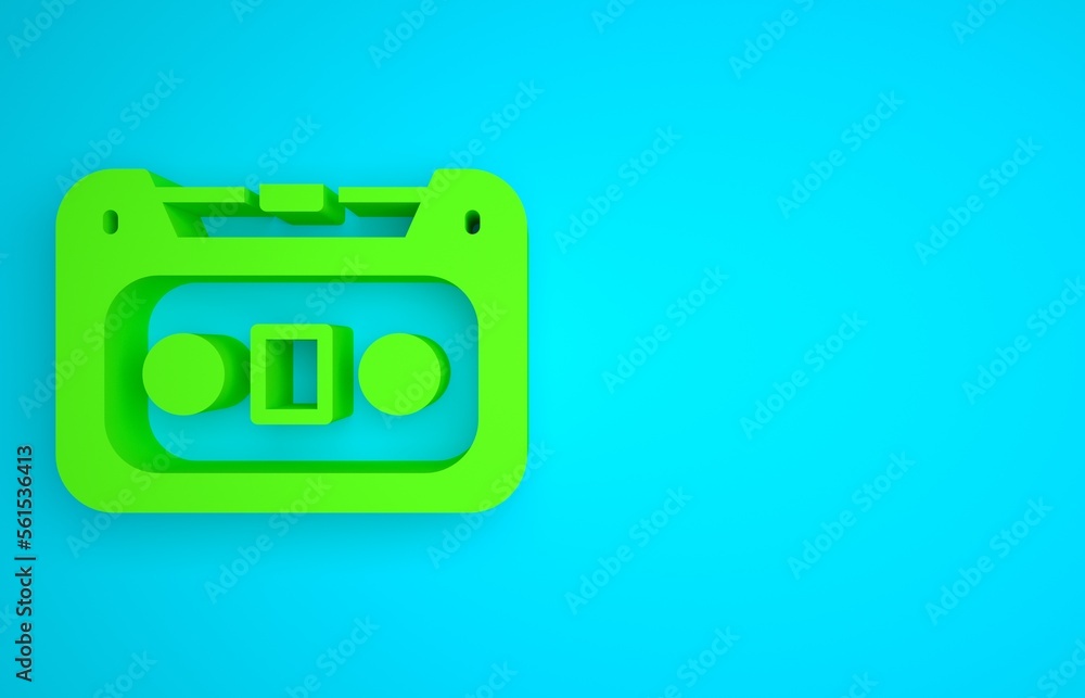 Green Retro audio cassette tape icon isolated on blue background. Minimalism concept. 3D render illu