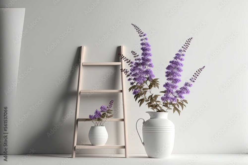 Lavender artificial flowers in a white paper vase are displayed on a wooden ladder against a white b